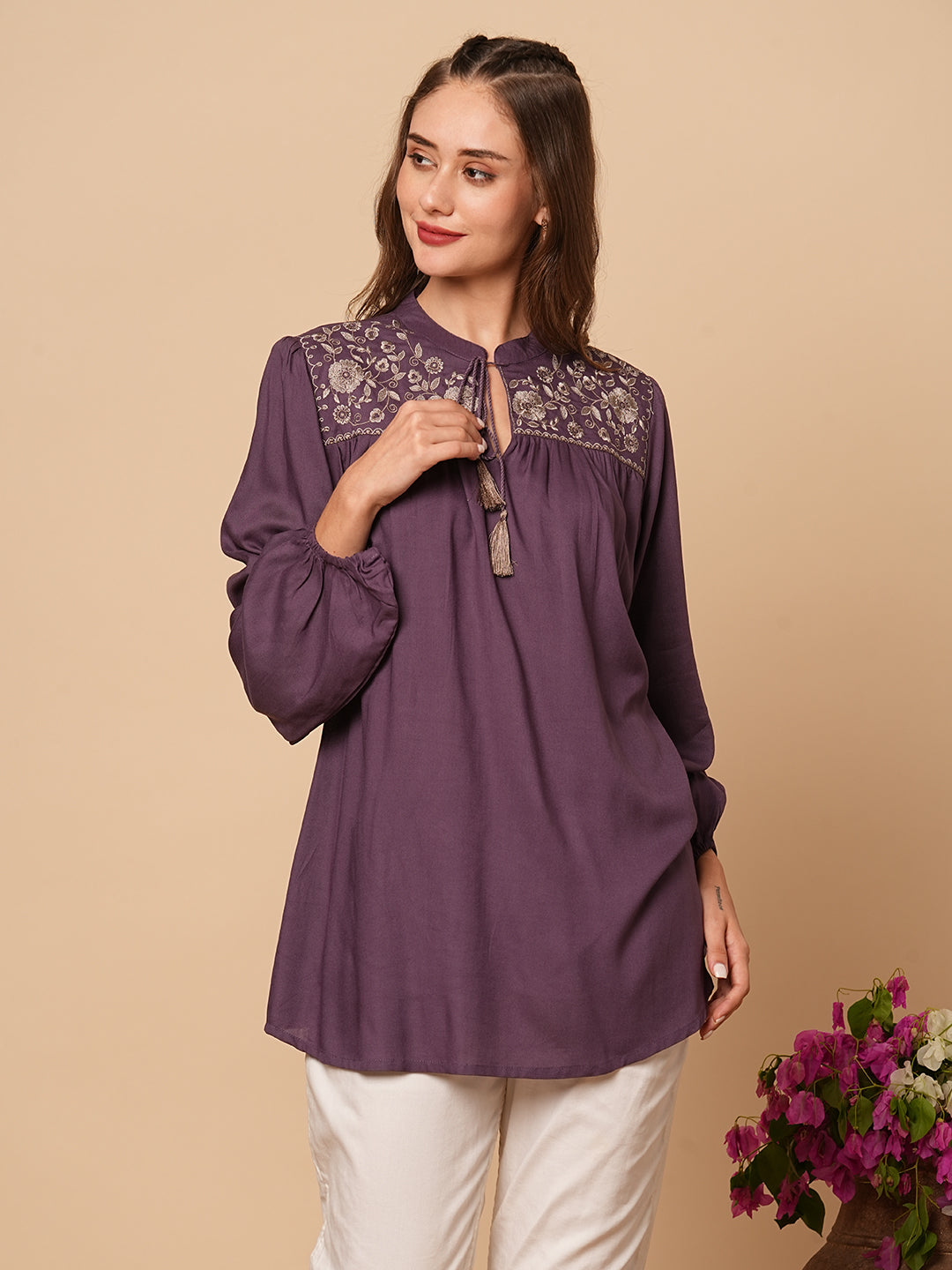 Floral Embroidered A-Line Pleated Short Kurti - Lavender