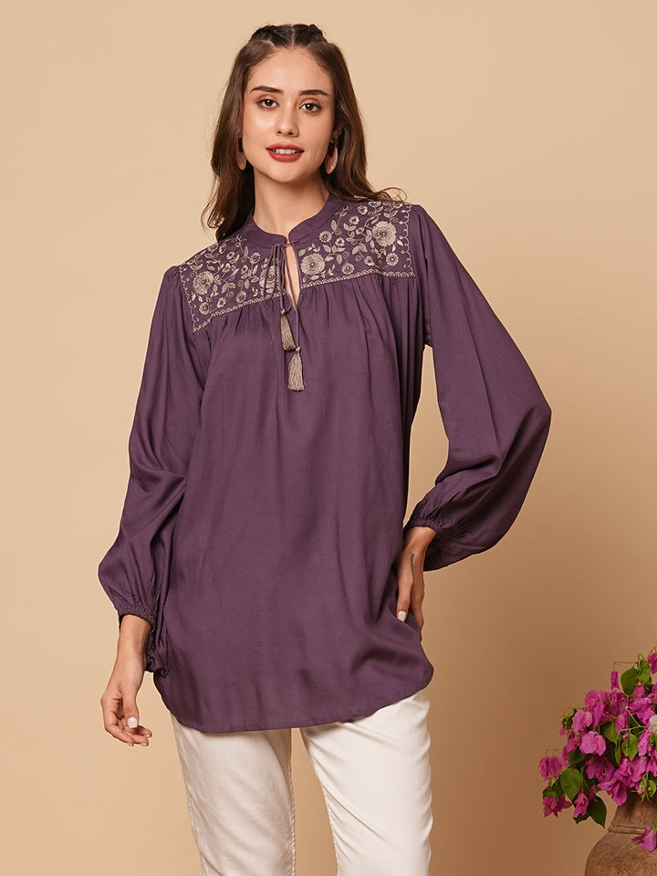 Floral Embroidered A-Line Pleated Short Kurti - Lavender