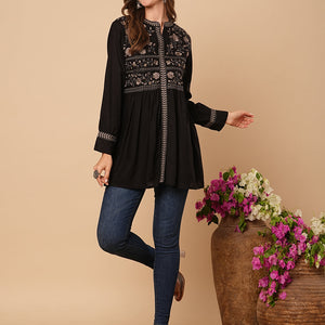 Floral Embroidered A-Line Pleated Kurti - Black