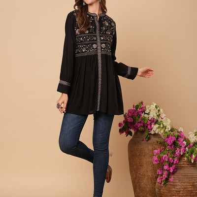 Floral Embroidered A-Line Pleated Kurti - Black