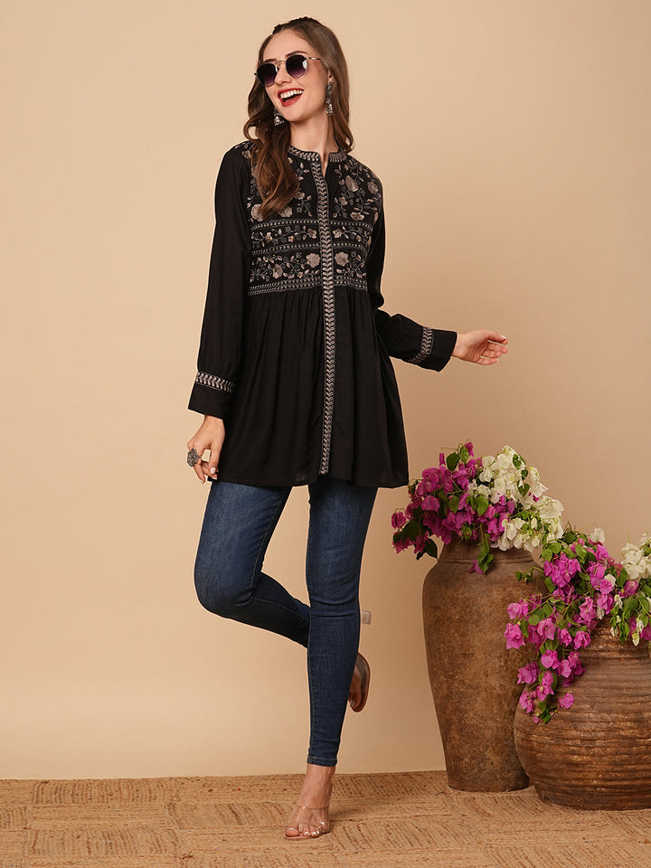 Floral Embroidered A-Line Pleated Kurti - Black