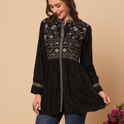 Floral Embroidered A-Line Pleated Kurti - Black