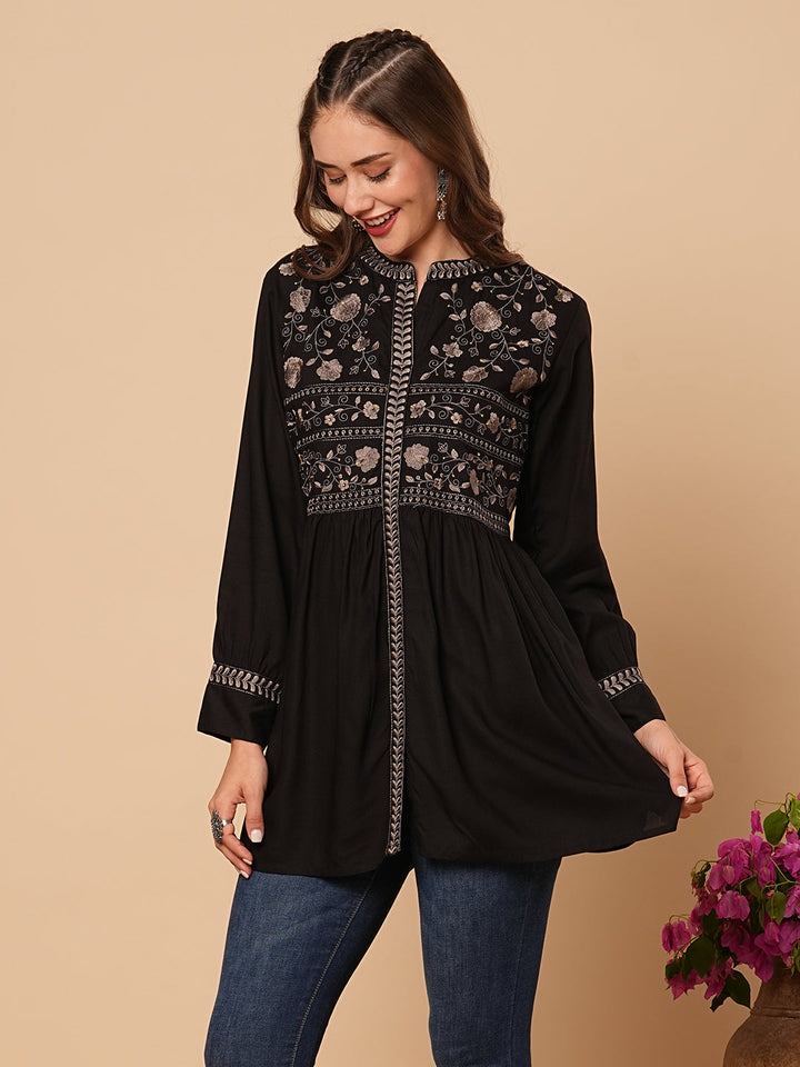 Floral Embroidered A-Line Pleated Kurti - Black