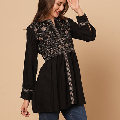 Floral Embroidered A-Line Pleated Kurti - Black