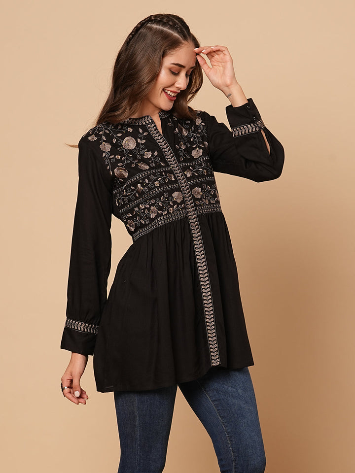 Floral Embroidered A-Line Pleated Kurti - Black