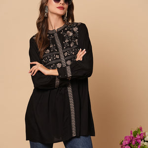 Floral Embroidered A-Line Pleated Kurti - Black
