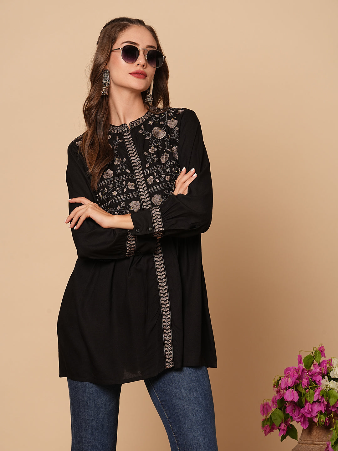 Floral Embroidered A-Line Pleated Kurti - Black