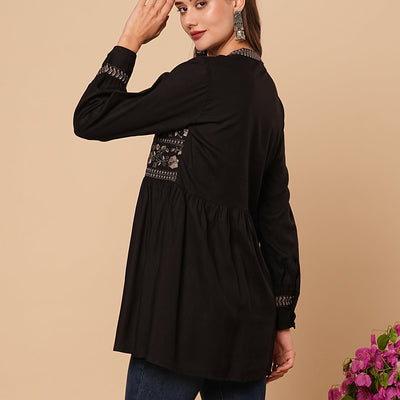 Floral Embroidered A-Line Pleated Kurti - Black