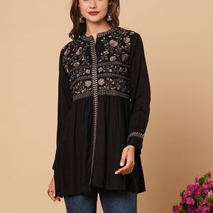Floral Embroidered A-Line Pleated Kurti - Black