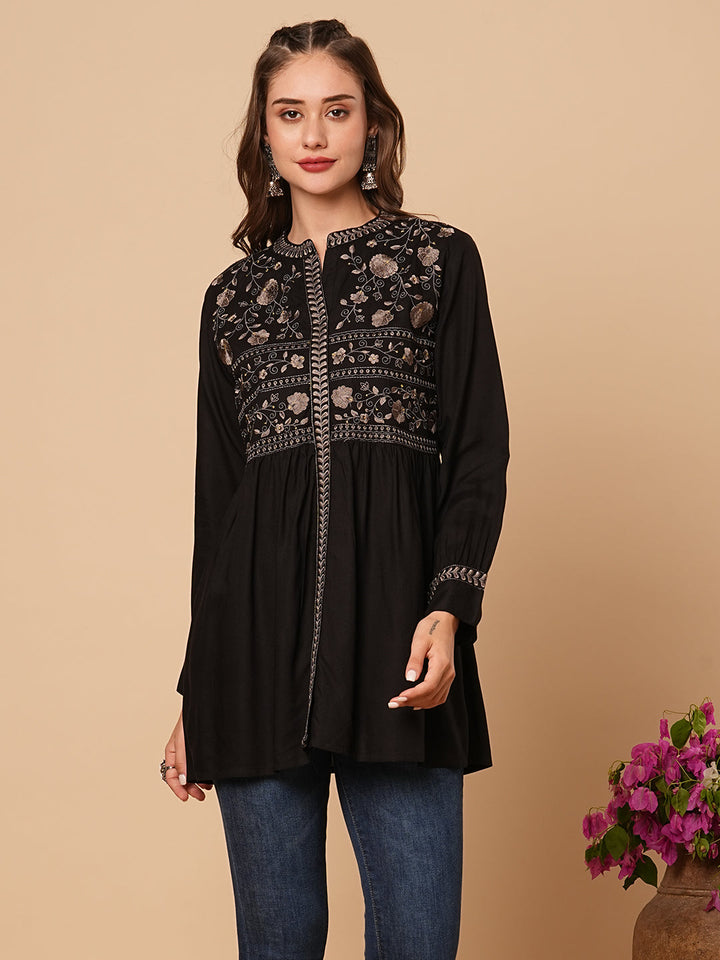 Floral Embroidered A-Line Pleated Kurti - Black