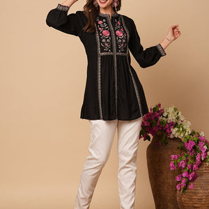 Floral Embroidered A-Line Pleated Kurti - Black