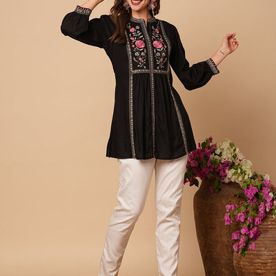 Floral Embroidered A-Line Pleated Kurti - Black