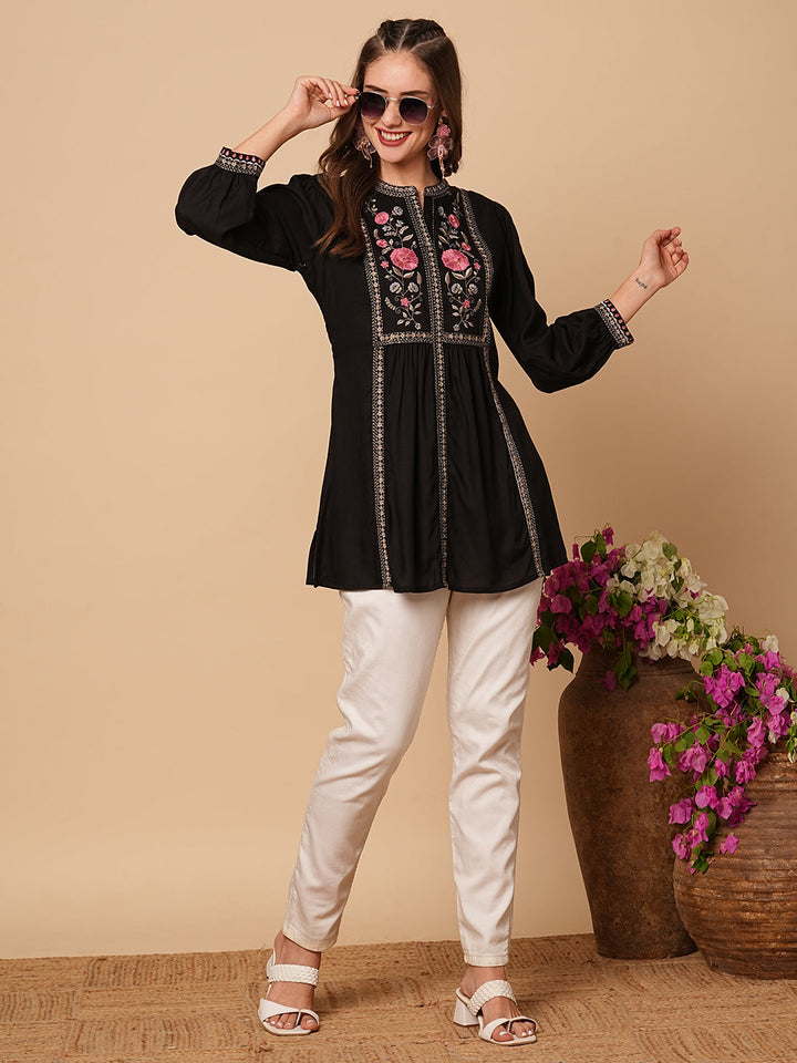 Floral Embroidered A-Line Pleated Kurti - Black