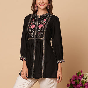 Floral Embroidered A-Line Pleated Kurti - Black