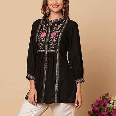Floral Embroidered A-Line Pleated Kurti - Black