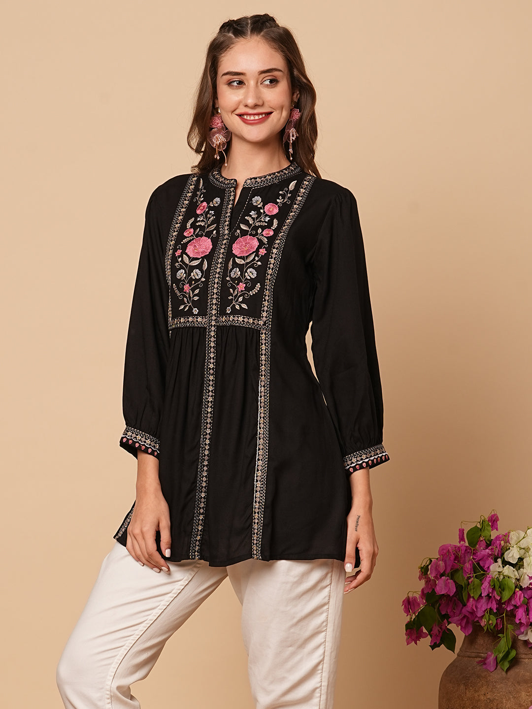 Floral Embroidered A-Line Pleated Kurti - Black