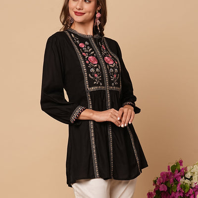 Floral Embroidered A-Line Pleated Kurti - Black