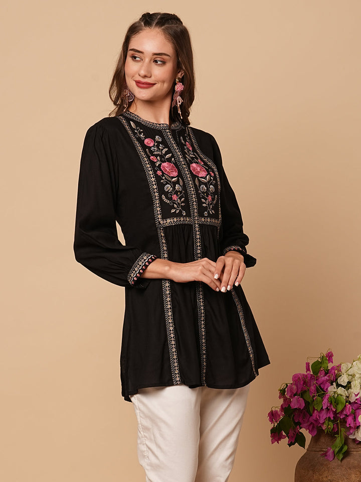 Floral Embroidered A-Line Pleated Kurti - Black