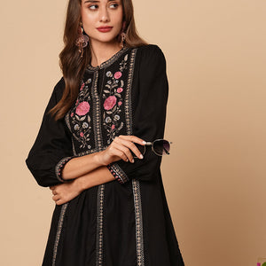 Floral Embroidered A-Line Pleated Kurti - Black
