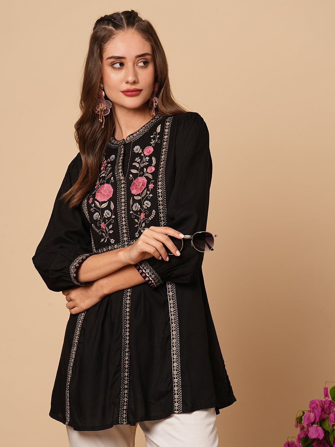 Floral Embroidered A-Line Pleated Kurti - Black