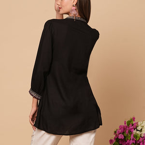 Floral Embroidered A-Line Pleated Kurti - Black