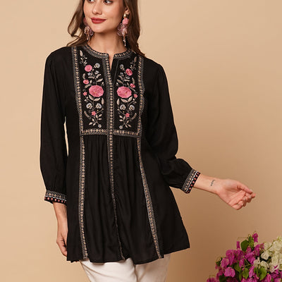 Floral Embroidered A-Line Pleated Kurti - Black
