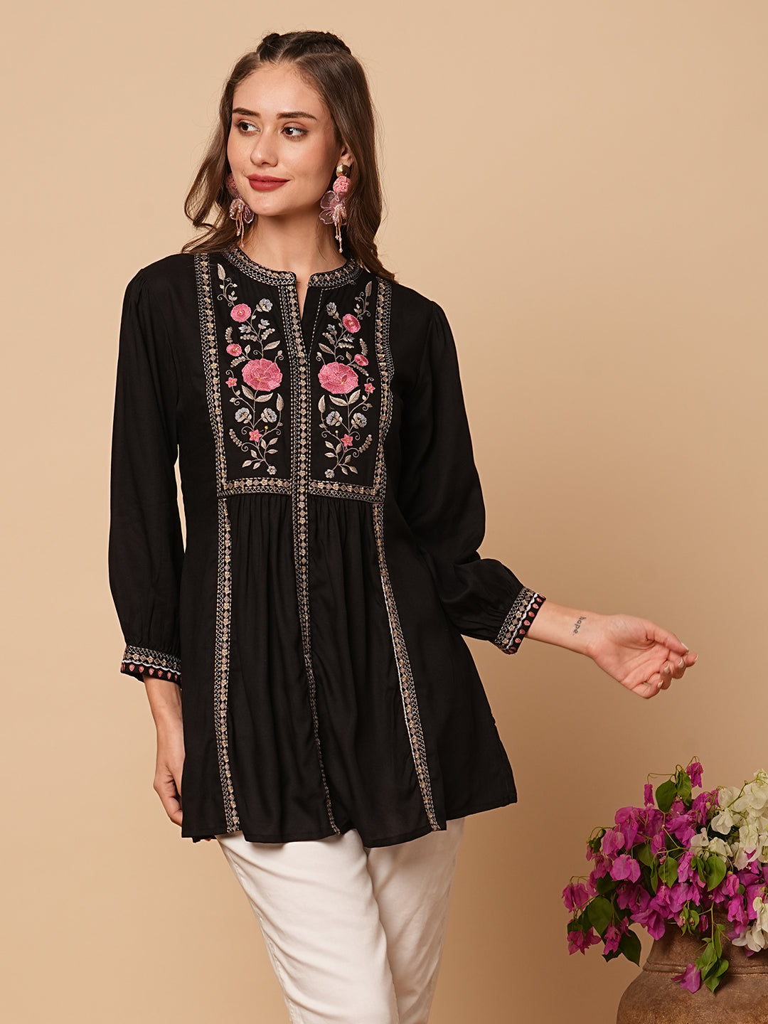 Floral Embroidered A-Line Pleated Kurti - Black