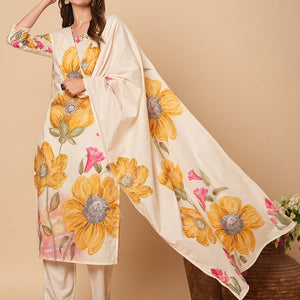 Floral Printed Beads & Resham Embroidered Kurta with Pants & Dupatta - Off White