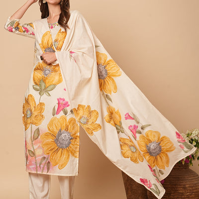 Floral Printed Beads & Resham Embroidered Kurta with Pants & Dupatta - Off White