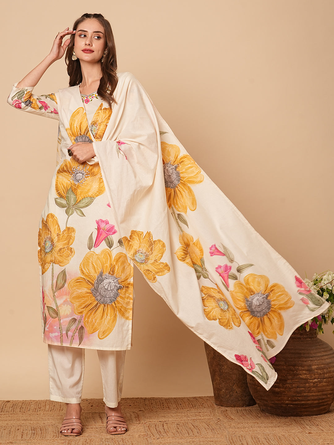 Floral Printed Beads & Resham Embroidered Kurta with Pants & Dupatta - Off White