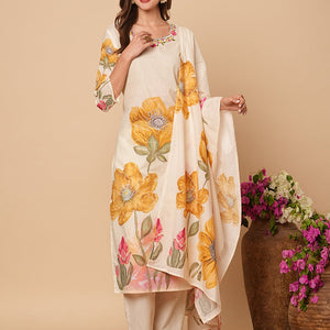 Floral Printed Beads & Resham Embroidered Kurta with Pants & Dupatta - Off White