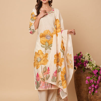 Floral Printed Beads & Resham Embroidered Kurta with Pants & Dupatta - Off White