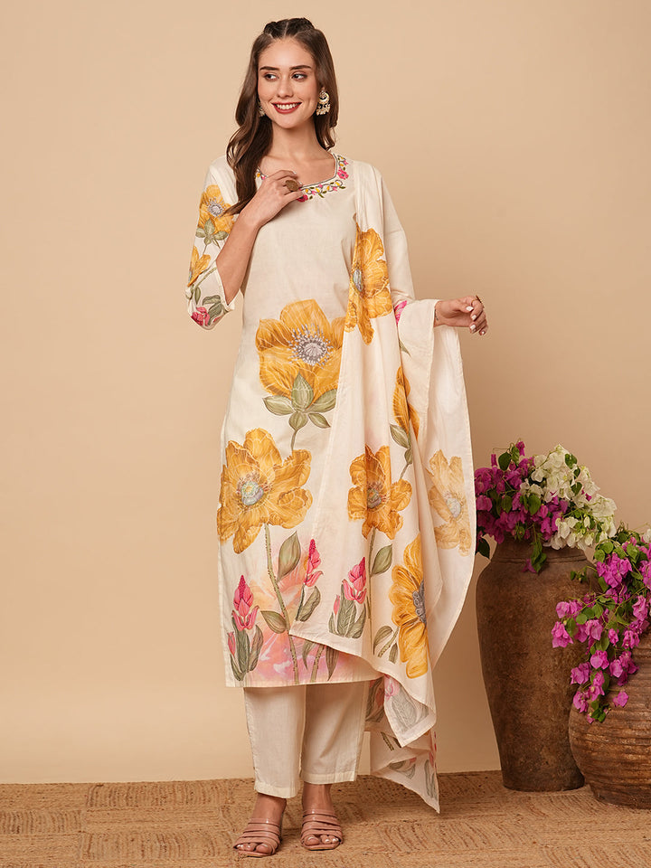 Floral Printed Beads & Resham Embroidered Kurta with Pants & Dupatta - Off White