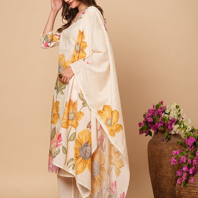 Floral Printed Beads & Resham Embroidered Kurta with Pants & Dupatta - Off White