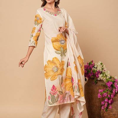 Floral Printed Beads & Resham Embroidered Kurta with Pants & Dupatta - Off White