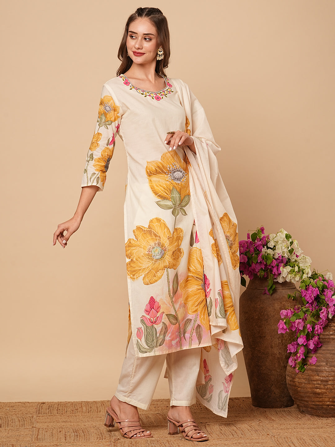 Floral Printed Beads & Resham Embroidered Kurta with Pants & Dupatta - Off White