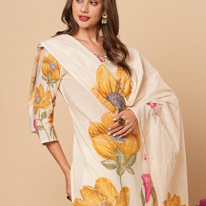 Floral Printed Beads & Resham Embroidered Kurta with Pants & Dupatta - Off White