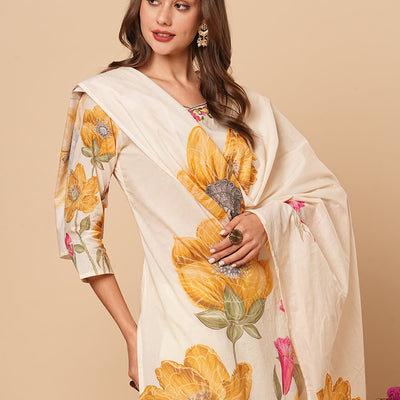 Floral Printed Beads & Resham Embroidered Kurta with Pants & Dupatta - Off White