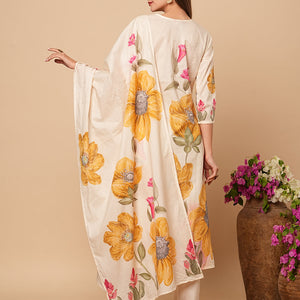 Floral Printed Beads & Resham Embroidered Kurta with Pants & Dupatta - Off White