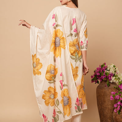 Floral Printed Beads & Resham Embroidered Kurta with Pants & Dupatta - Off White