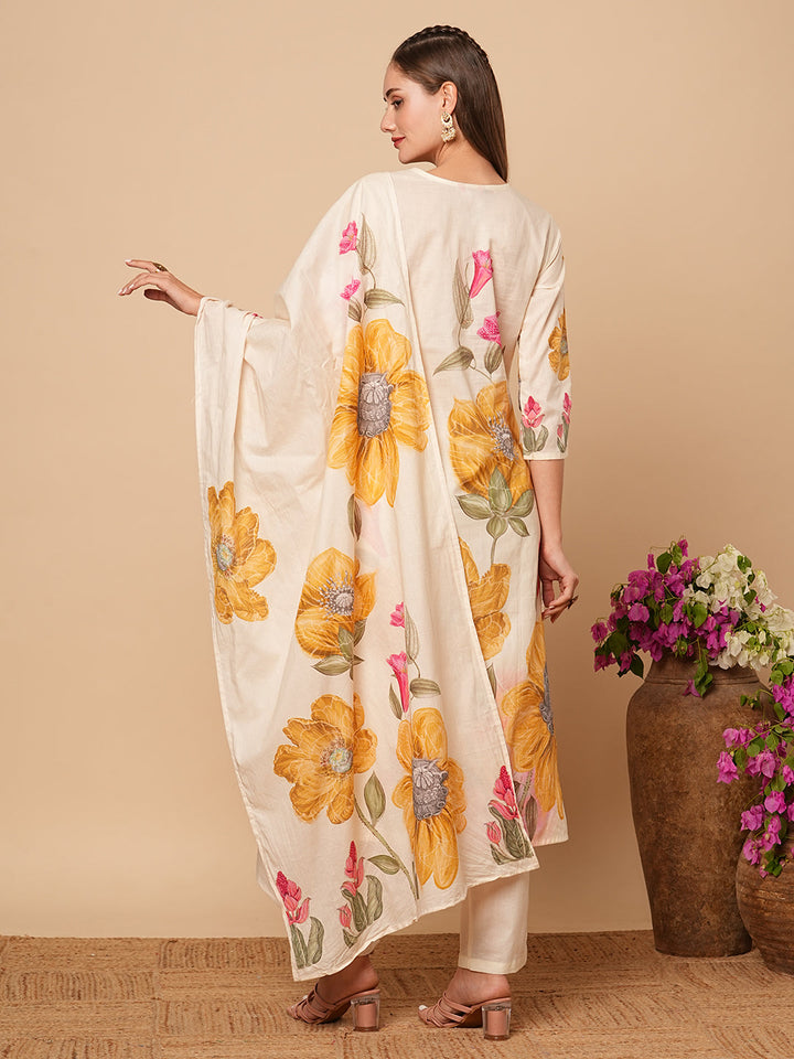 Floral Printed Beads & Resham Embroidered Kurta with Pants & Dupatta - Off White