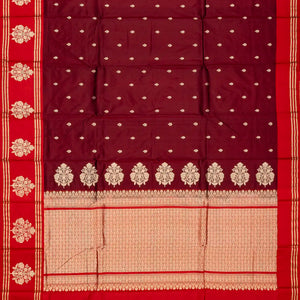 Maroon Handloom Banarasi Silk Saree With Floral Buttas & Red Border