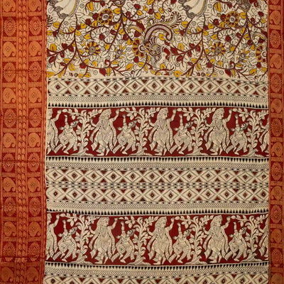 Taupe Handloom Kalamkari Cotton Saree With Printed Annam Vine Motifs