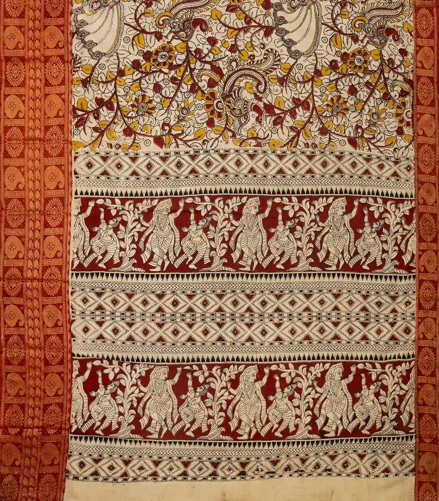 Taupe Handloom Kalamkari Cotton Saree With Printed Annam Vine Motifs
