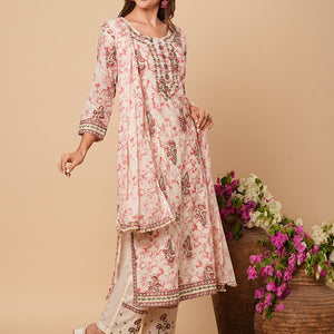Abstract Printed & Ethnic Embroidered Straight Kurta with Pant & Dupatta - Off White