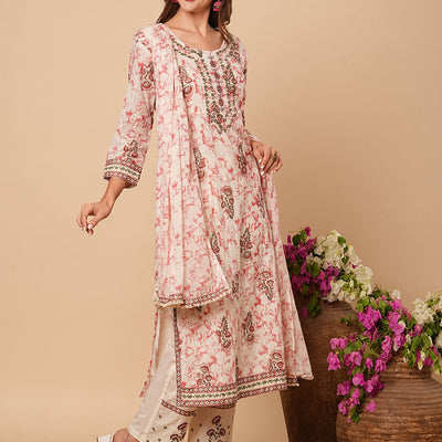 Abstract Printed & Ethnic Embroidered Straight Kurta with Pant & Dupatta - Off White