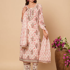 Abstract Printed & Ethnic Embroidered Straight Kurta with Pant & Dupatta - Off White