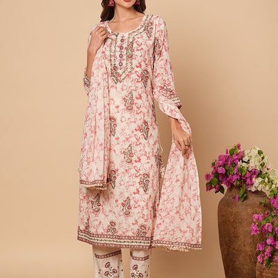 Abstract Printed & Ethnic Embroidered Straight Kurta with Pant & Dupatta - Off White