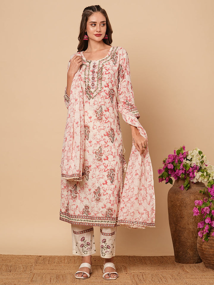 Abstract Printed & Ethnic Embroidered Straight Kurta with Pant & Dupatta - Off White