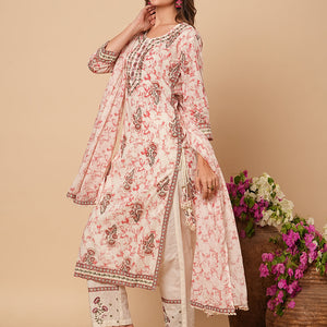 Abstract Printed & Ethnic Embroidered Straight Kurta with Pant & Dupatta - Off White